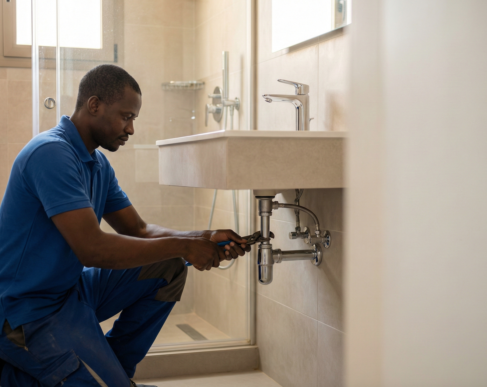 Plombier en intervention dans une salle de bain à Dakar